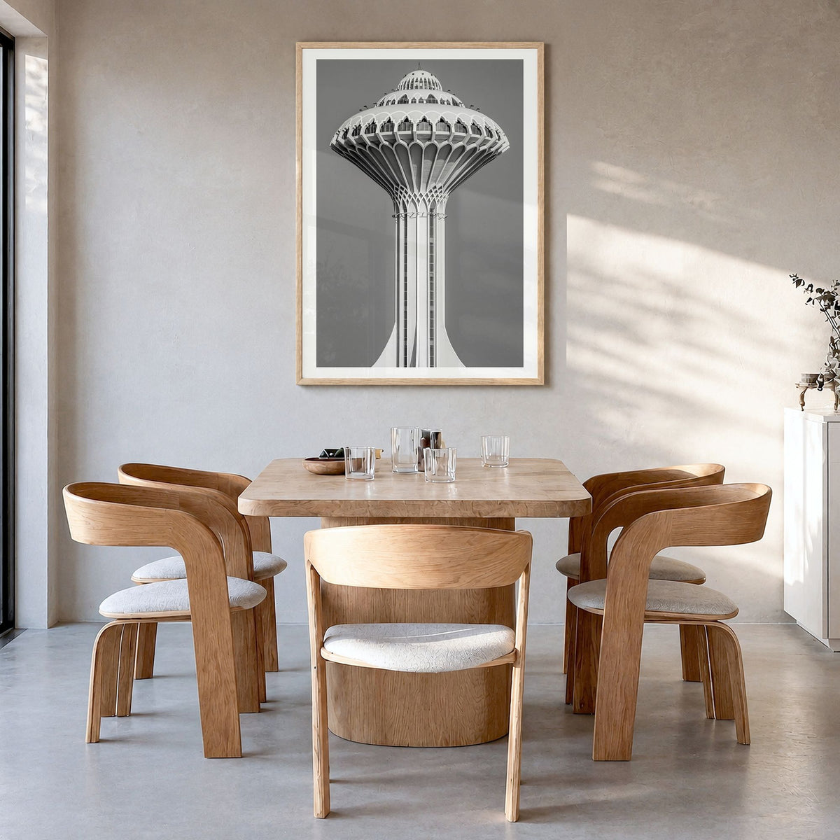 Water Tower Photo No 1 Poster in a natural wood frame, hanging in a dining room, white border