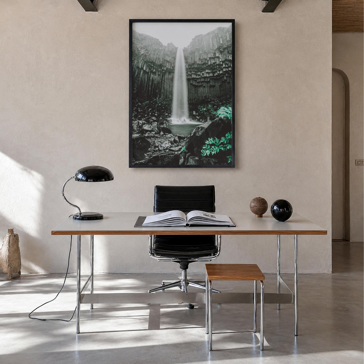 Waterfall colorful photo poster – vertical wall art in black wood frame, hanging on wall