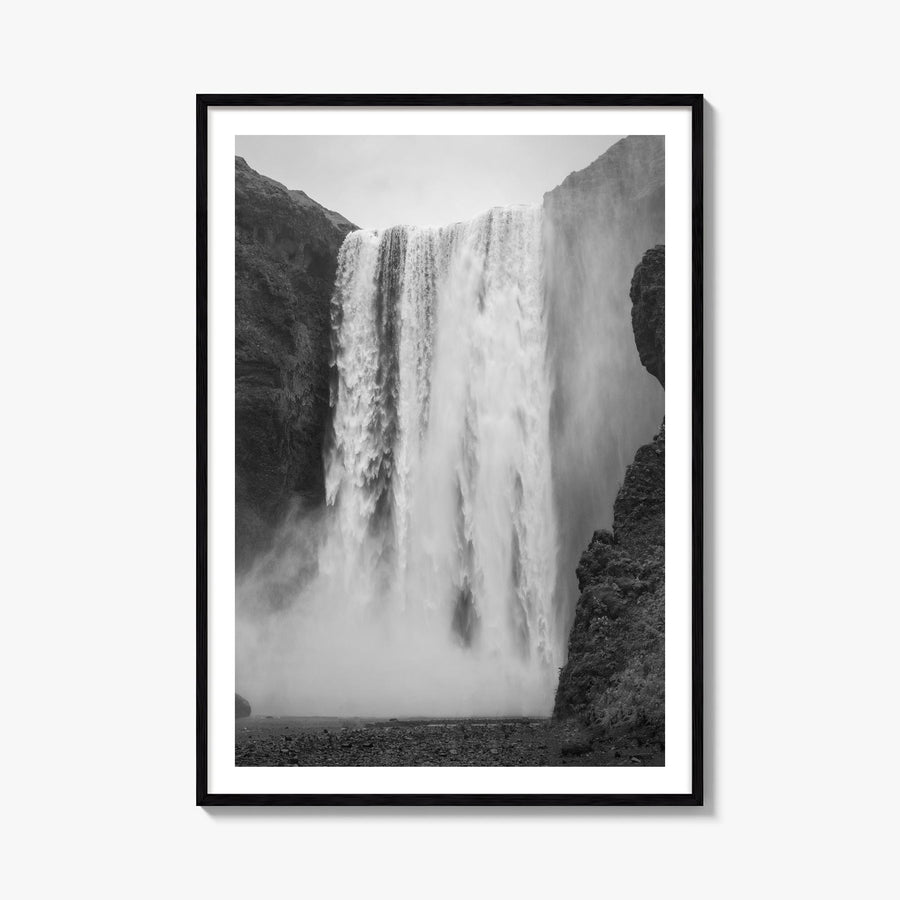 Waterfall no. 1 black & white photo poster – vertical wall art, unframed print shown in interior mockup