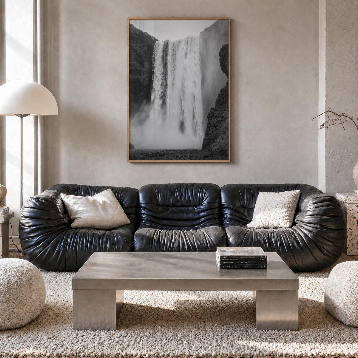 Waterfall no. 1 black & white photo poster – vertical wall art in natural wood frame, hanging on wall