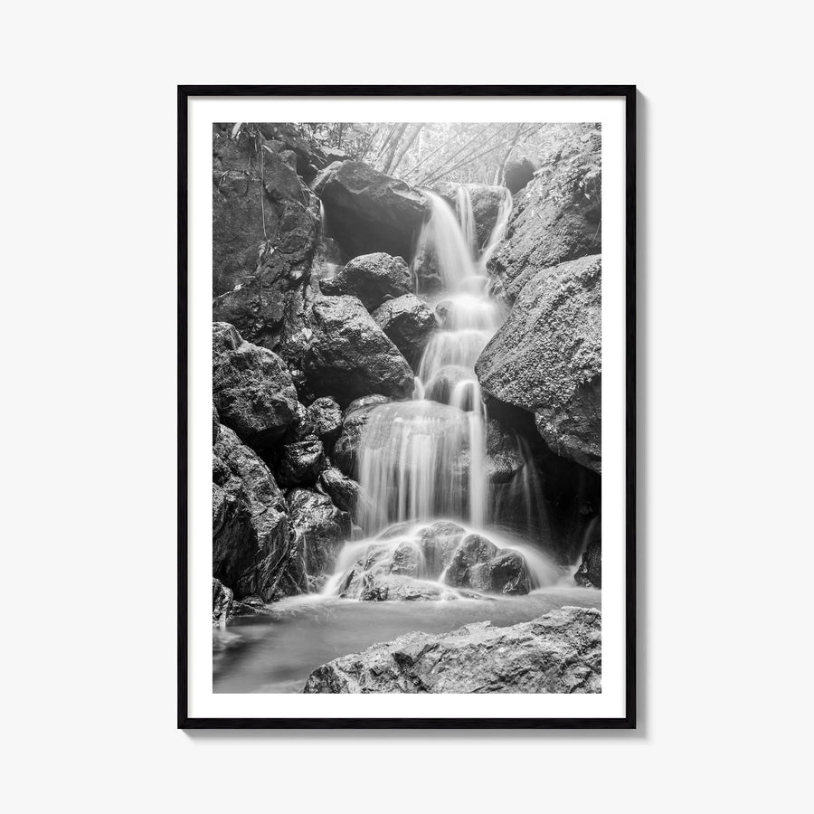 Waterfall no. 2 black & white photo poster – vertical wall art, unframed print shown in interior mockup