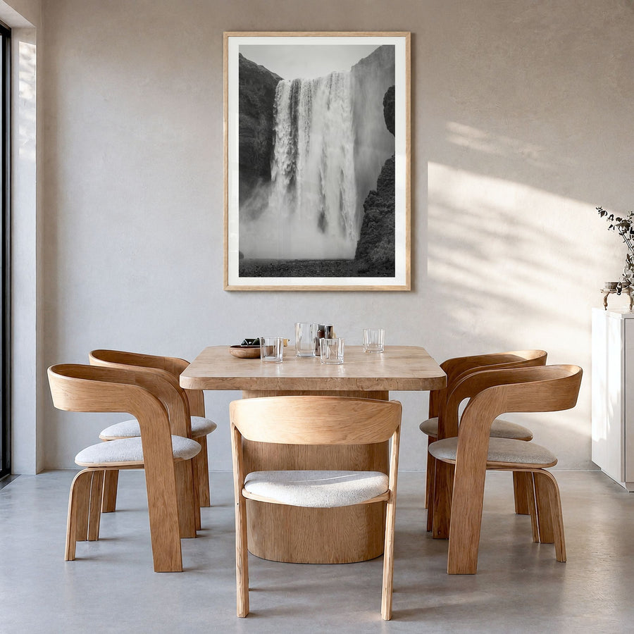 Waterfall Photo No 1 Poster in a natural wood frame, hanging in a dining room, white border