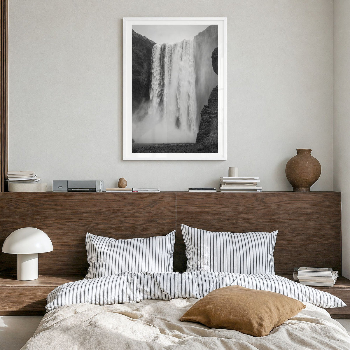 Waterfall Photo No 1 Poster in a white wood frame, hanging in a bedroom, white border