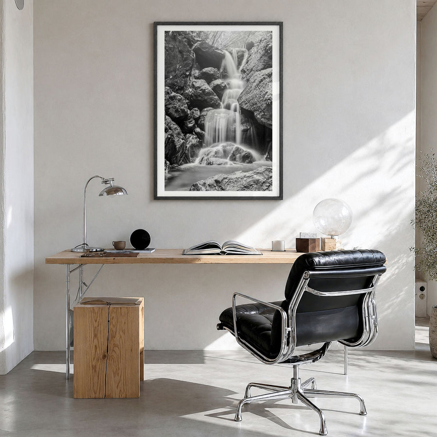 Waterfall Photo No 2 Poster in a black wood frame, hanging in a bright home office, white border