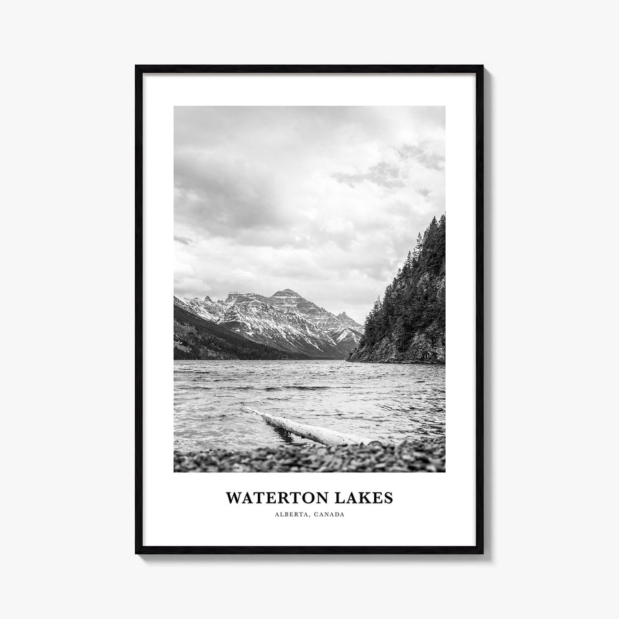 Waterton Lakes National Park black & white classic poster of Canada – vertical wall art, unframed print shown in interior moc