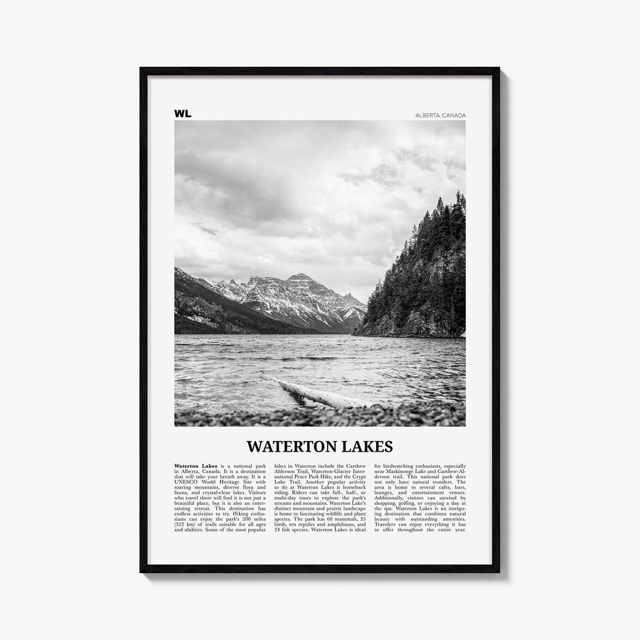 Waterton Lakes National Park black & white newspaper poster of Canada – vertical wall art, unframed print shown in interior m