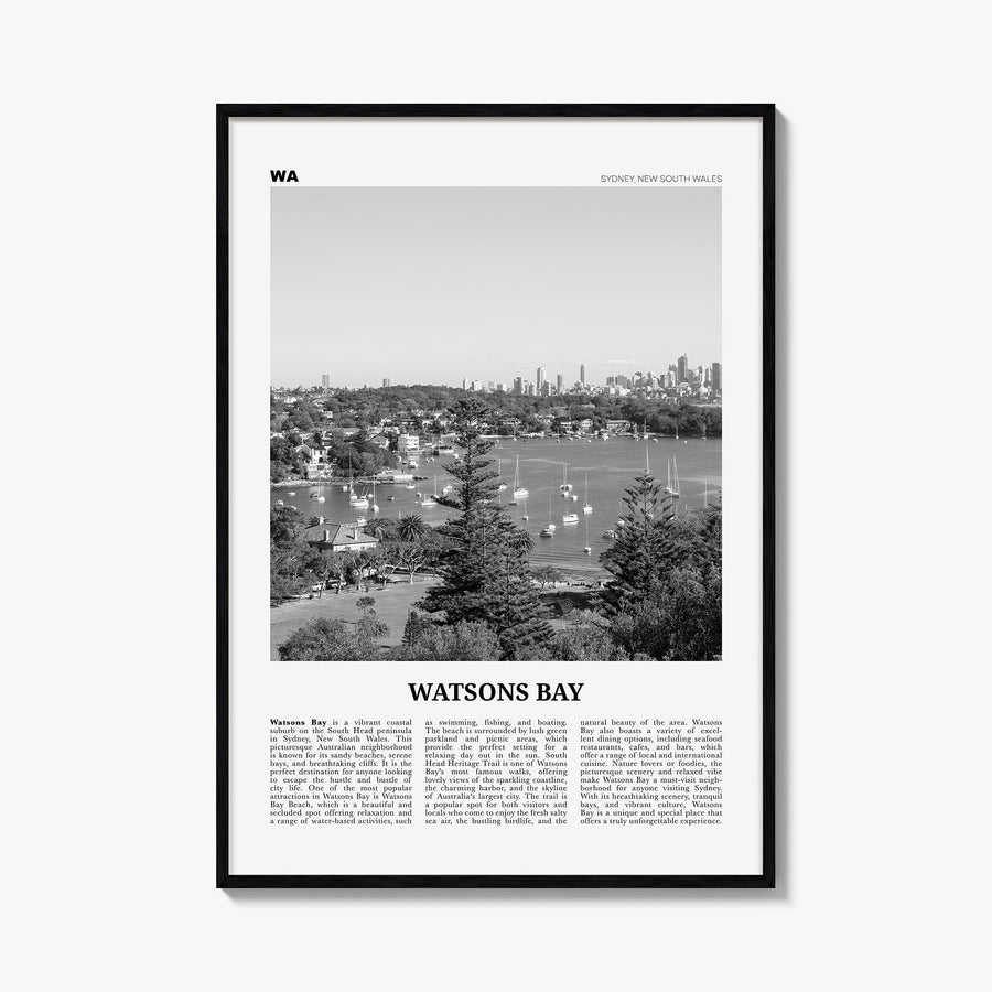 Watsons Bay black & white newspaper poster of Australia – vertical wall art, unframed print shown in interior mockup