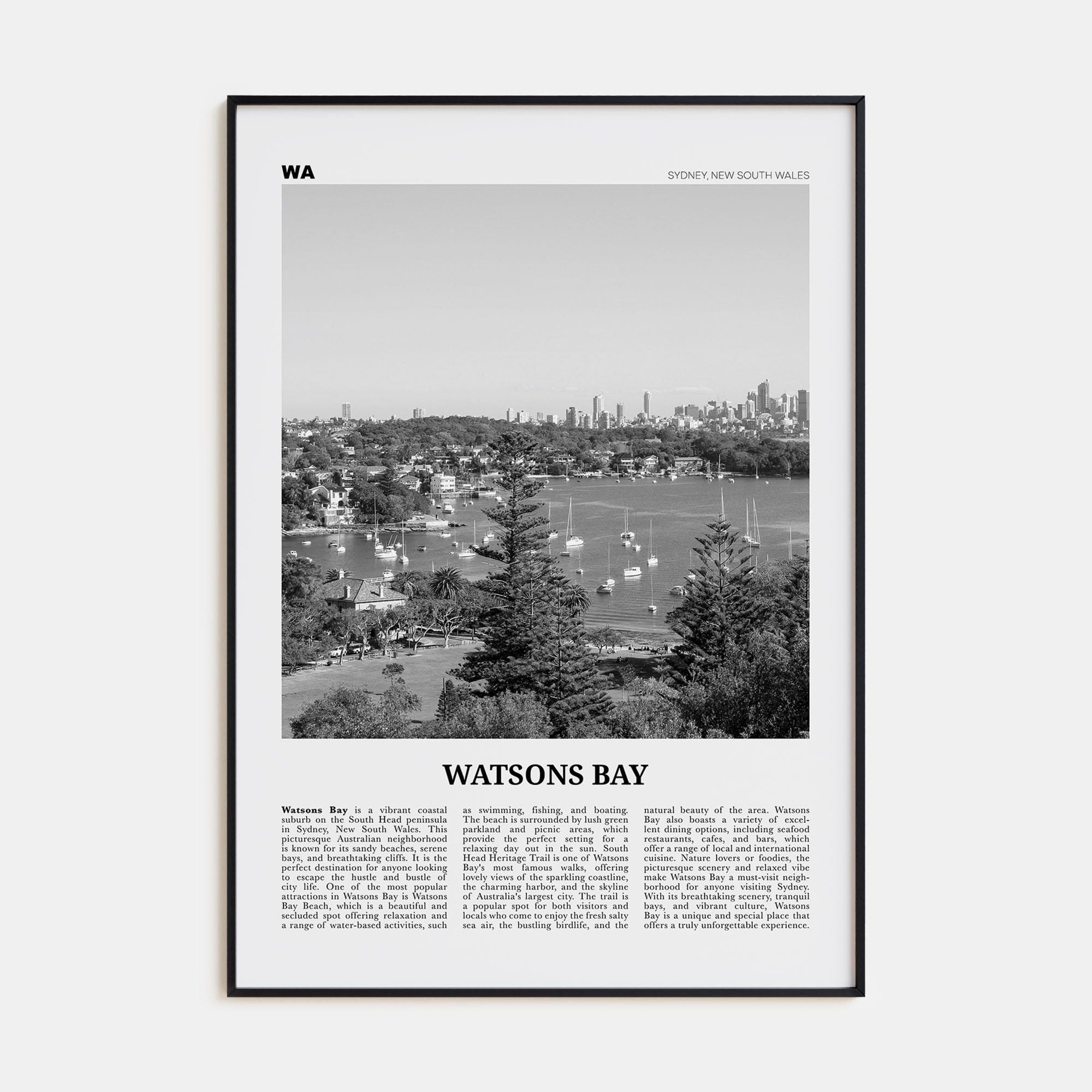 Watsons Bay Poster Black Metal / 8x12 in Nbourhood Travel B&W Poster