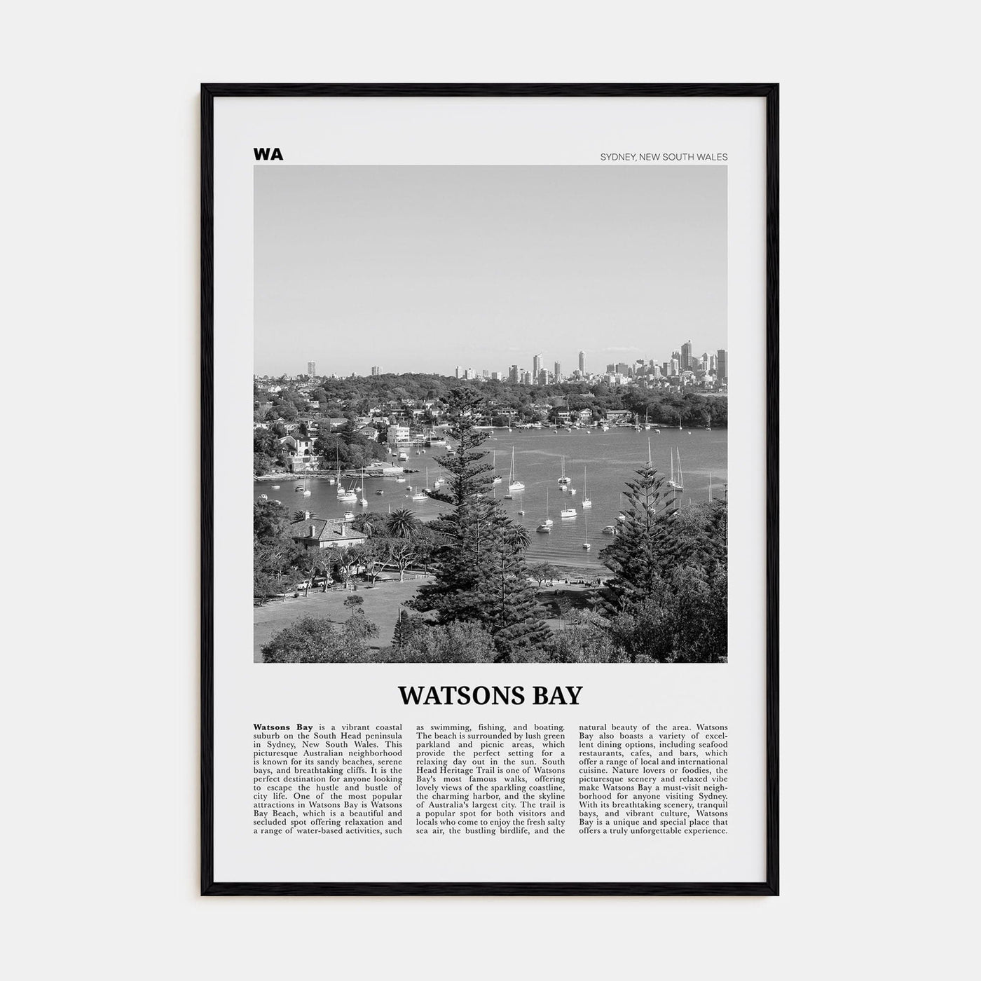 Watsons Bay Poster Black Wood / 8x12 in Nbourhood Travel B&W Poster