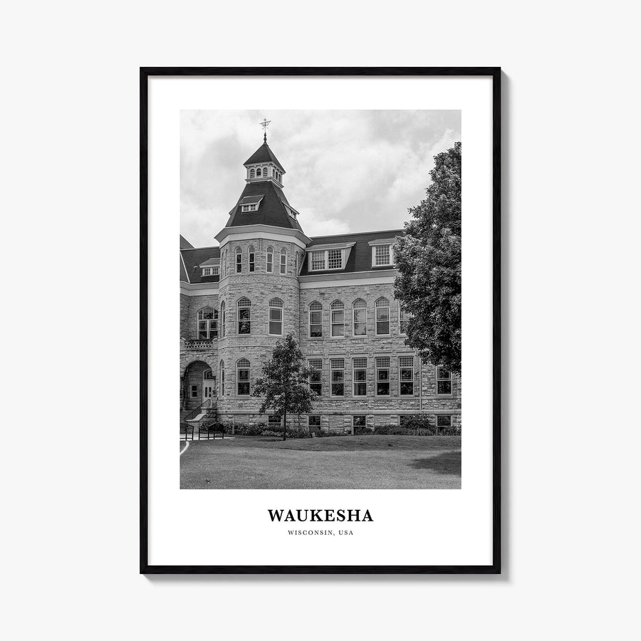 Waukesha black & white classic poster of Wisconsin, USA – vertical wall art, unframed print shown in interior mockup