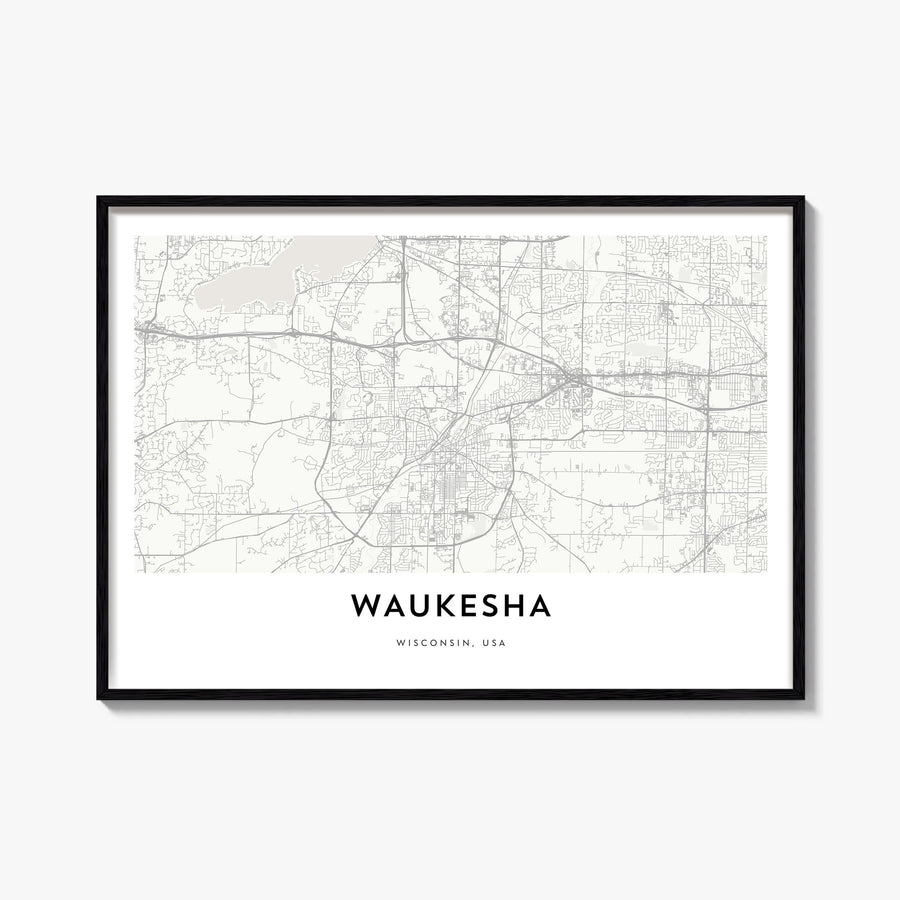 Waukesha black & white map poster of Wisconsin, USA – horizontal wall art, unframed print shown in interior mockup