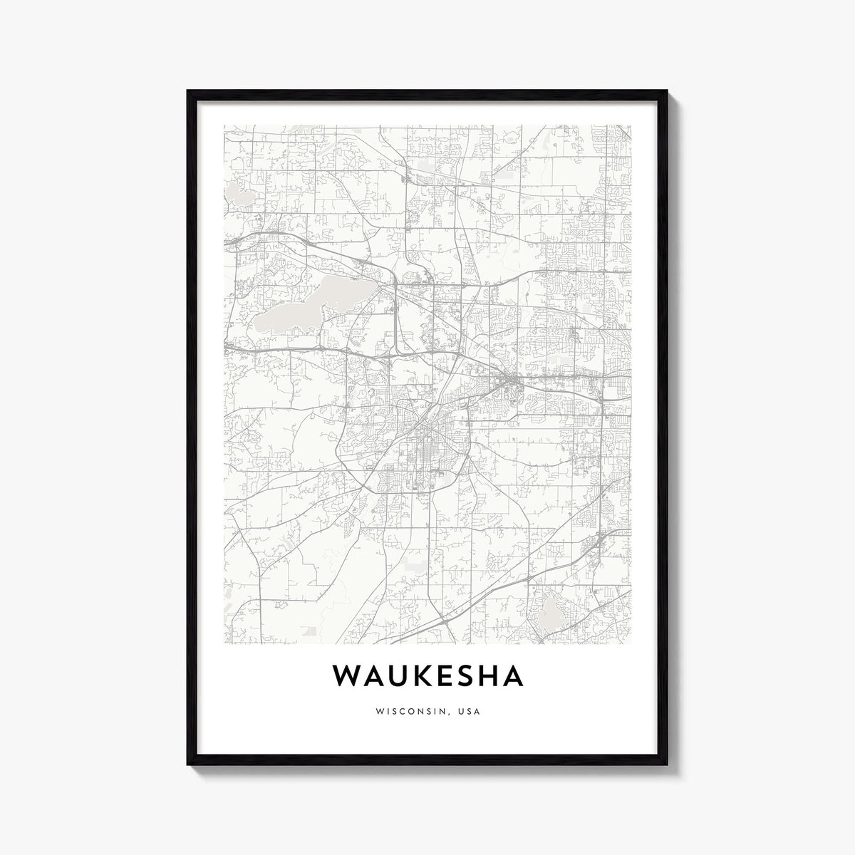 Waukesha black & white map poster of Wisconsin, USA – vertical wall art, unframed print shown in interior mockup