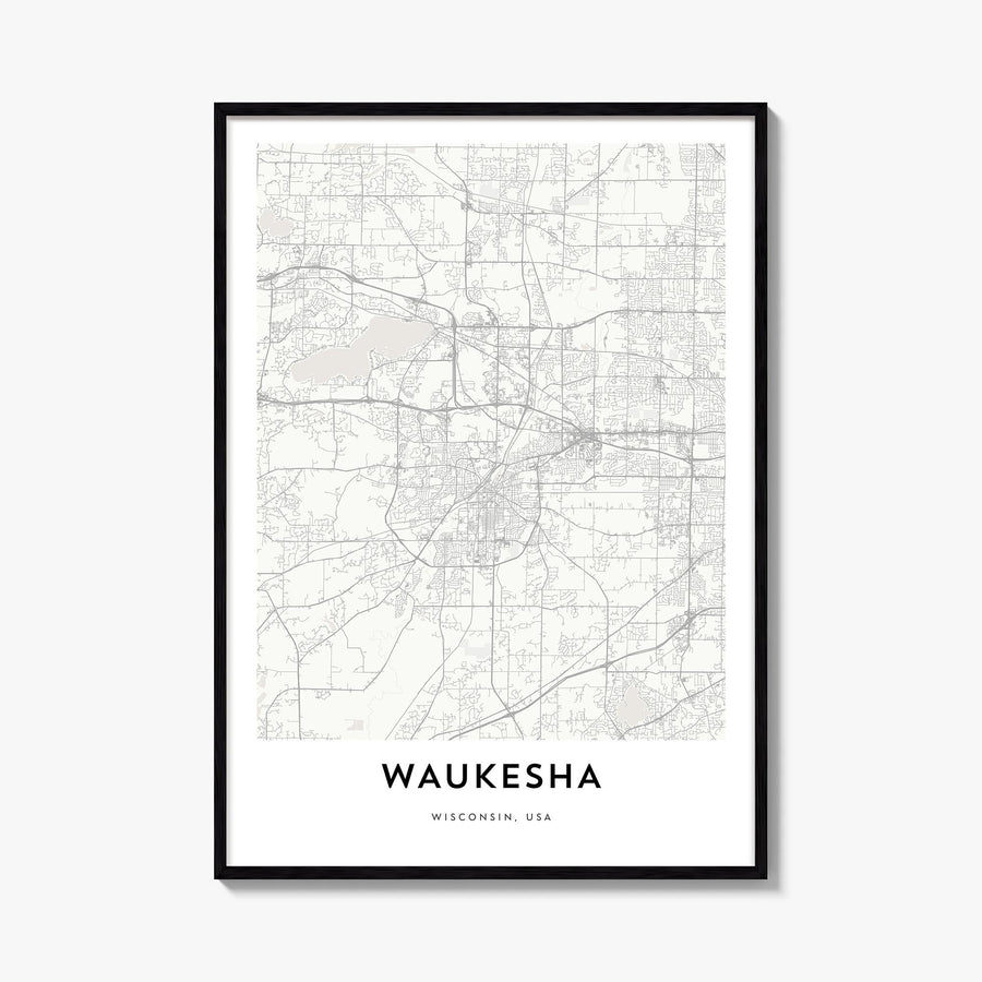 Waukesha black & white map poster of Wisconsin, USA – vertical wall art, unframed print shown in interior mockup