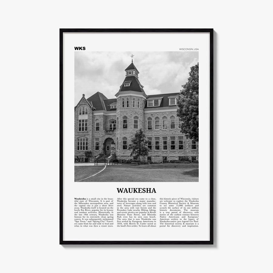 Waukesha black & white newspaper poster of Wisconsin, USA – vertical wall art, unframed print shown in interior mockup