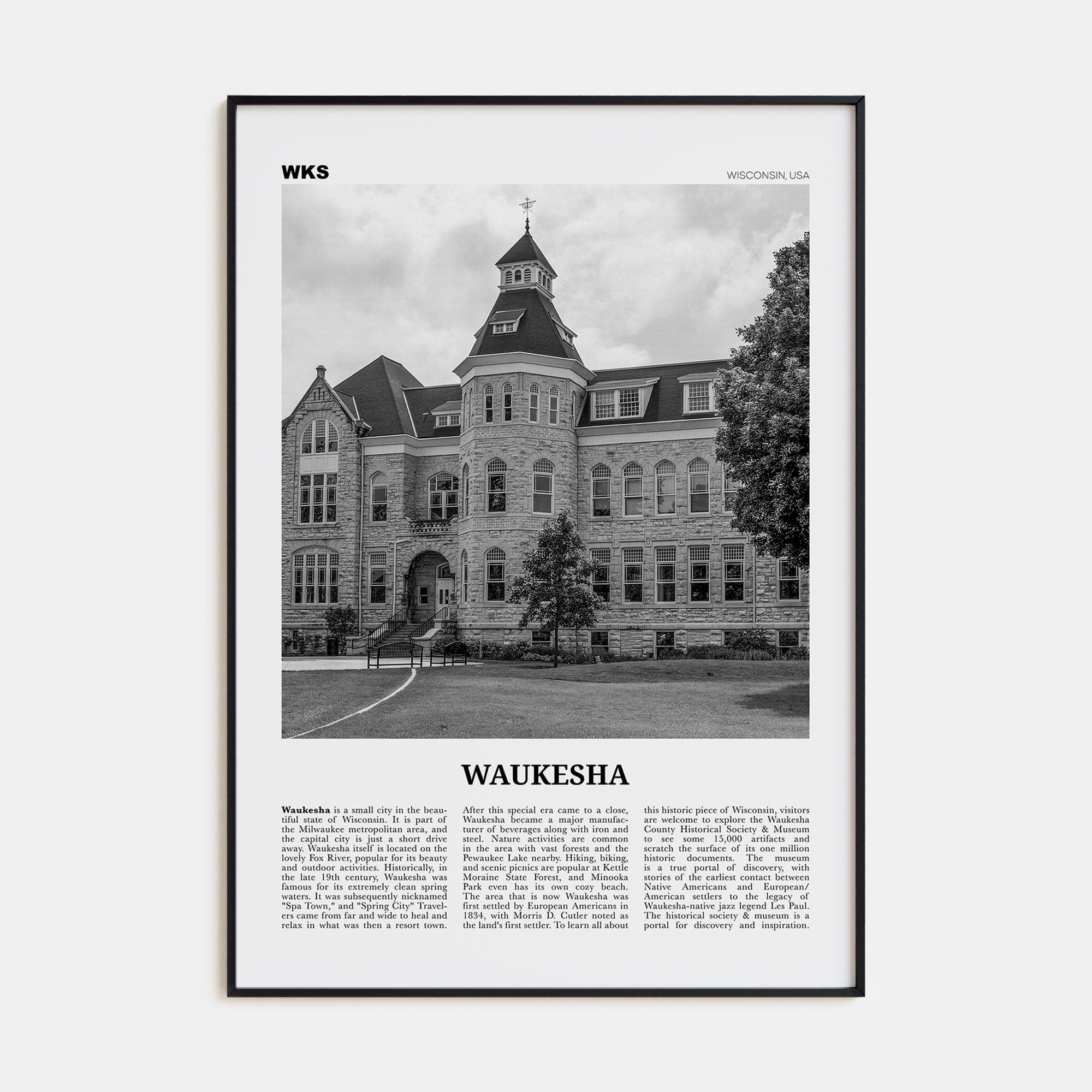 Waukesha Poster Black Metal / 8x12 in Nbourhood Travel B&W Poster