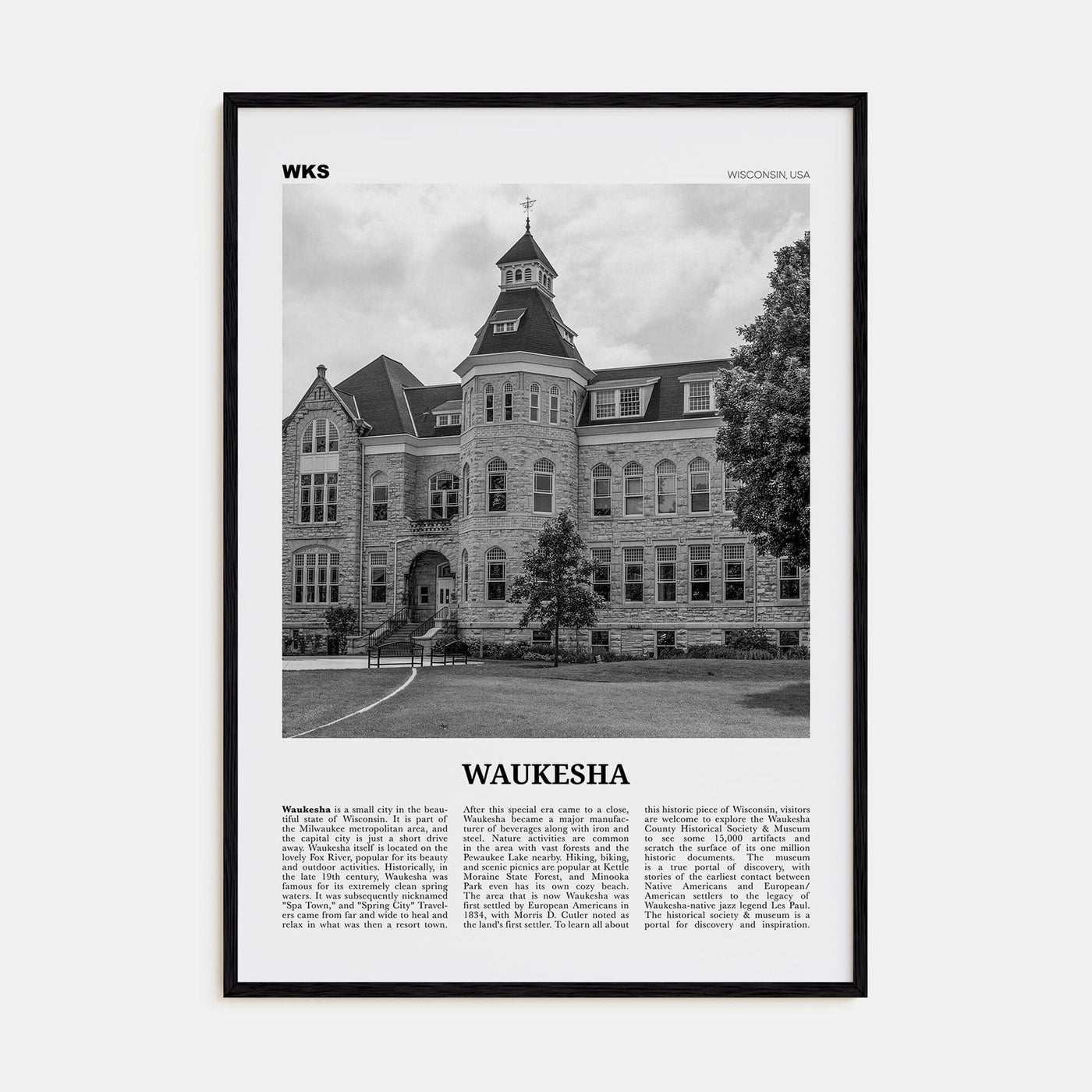 Waukesha Poster Black Wood / 8x12 in Nbourhood Travel B&W Poster