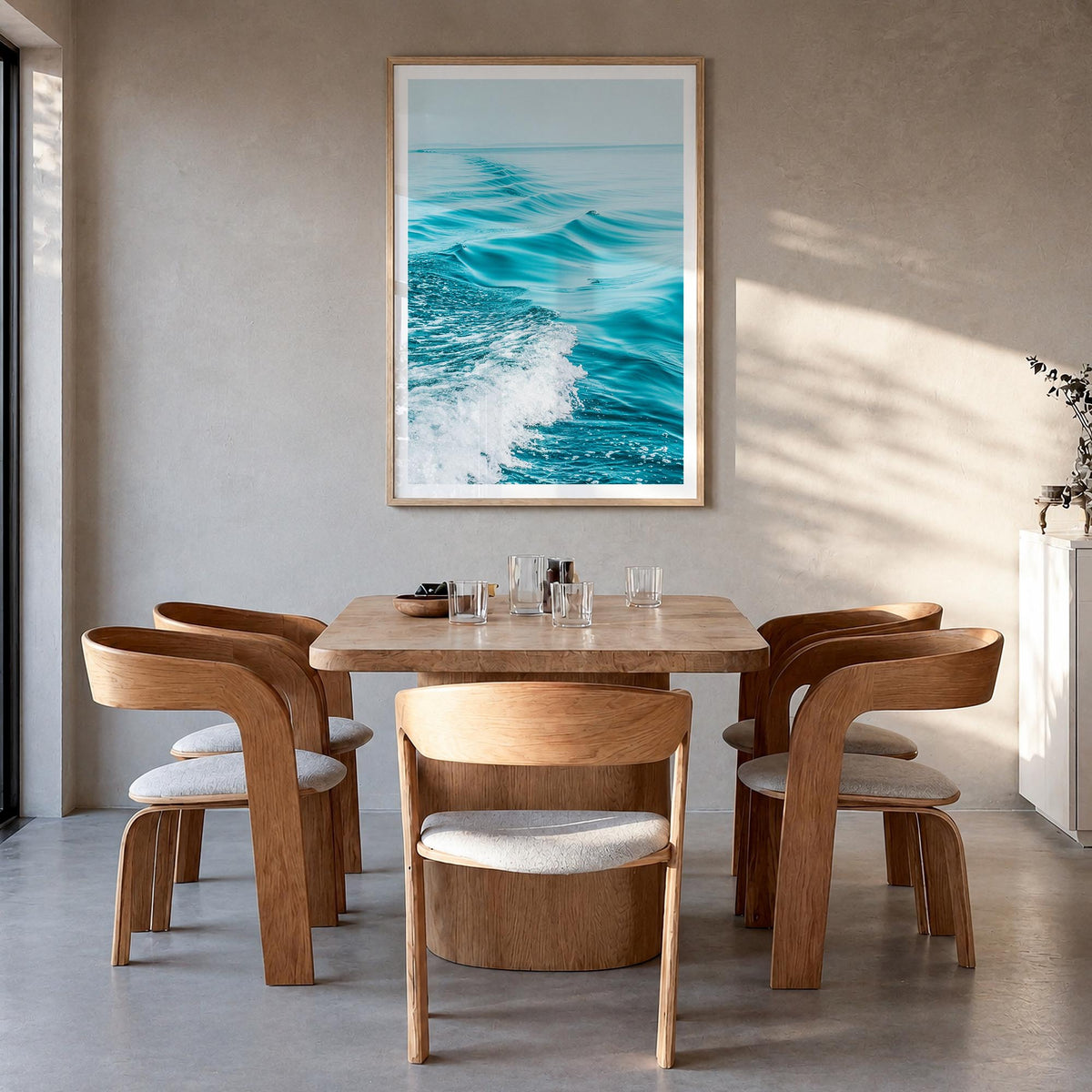Waves at Sea colorful photo poster – vertical wall art in natural wood frame with white border, hanging on wall