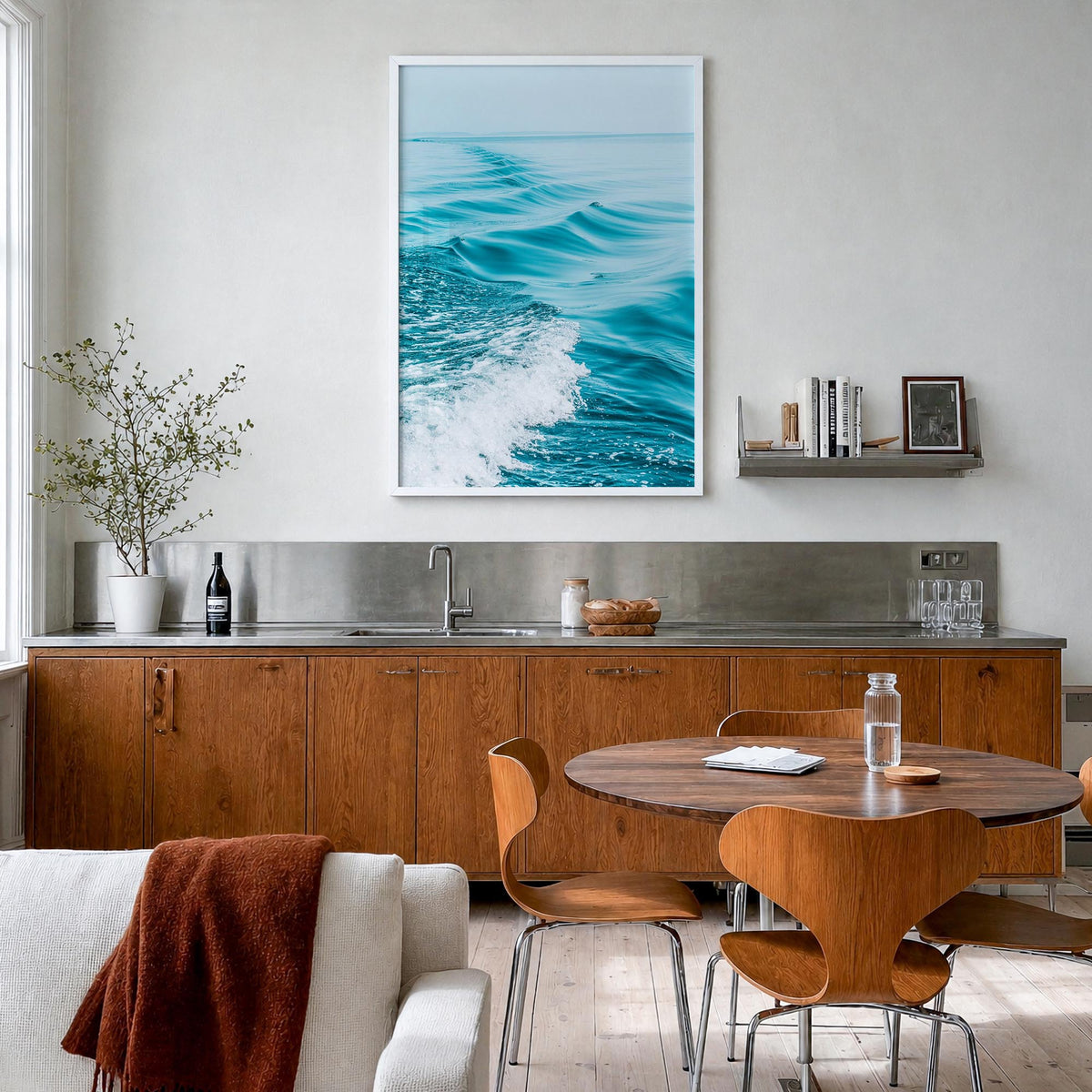 Waves at Sea colorful photo poster – vertical wall art in white wood frame, hanging on wall
