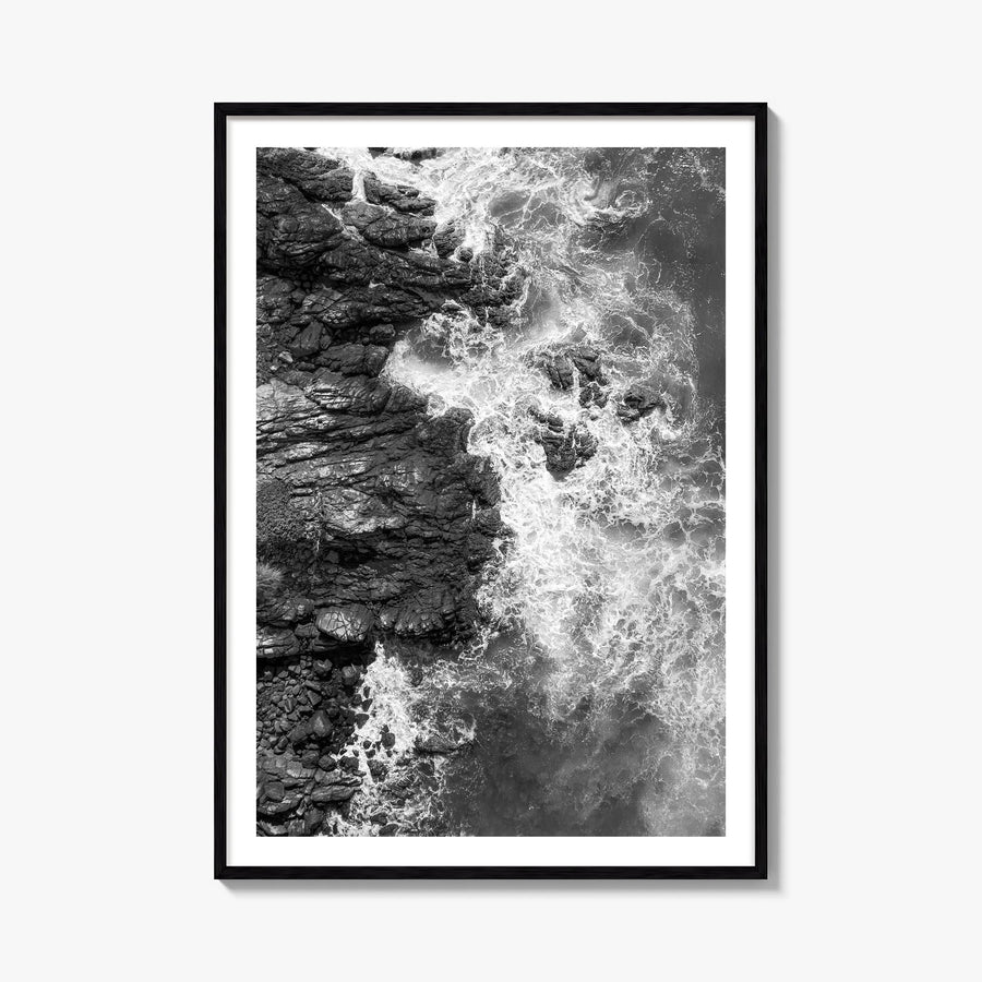Waves Crashing no. 1 black & white photo poster – vertical wall art, unframed print shown in interior mockup