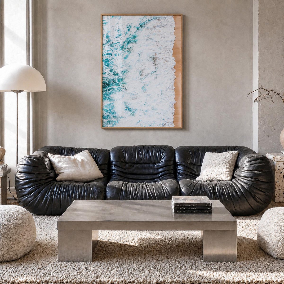 Waves Crashing no. 1 colorful photo poster – vertical wall art in natural wood frame, hanging on wall