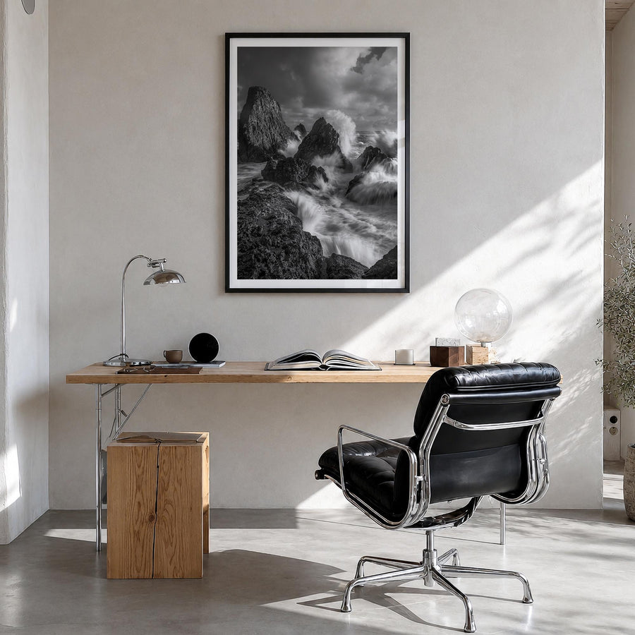Waves Crashing no. 2 black & white photo poster – vertical wall art in black wood frame with white border, hanging on wall