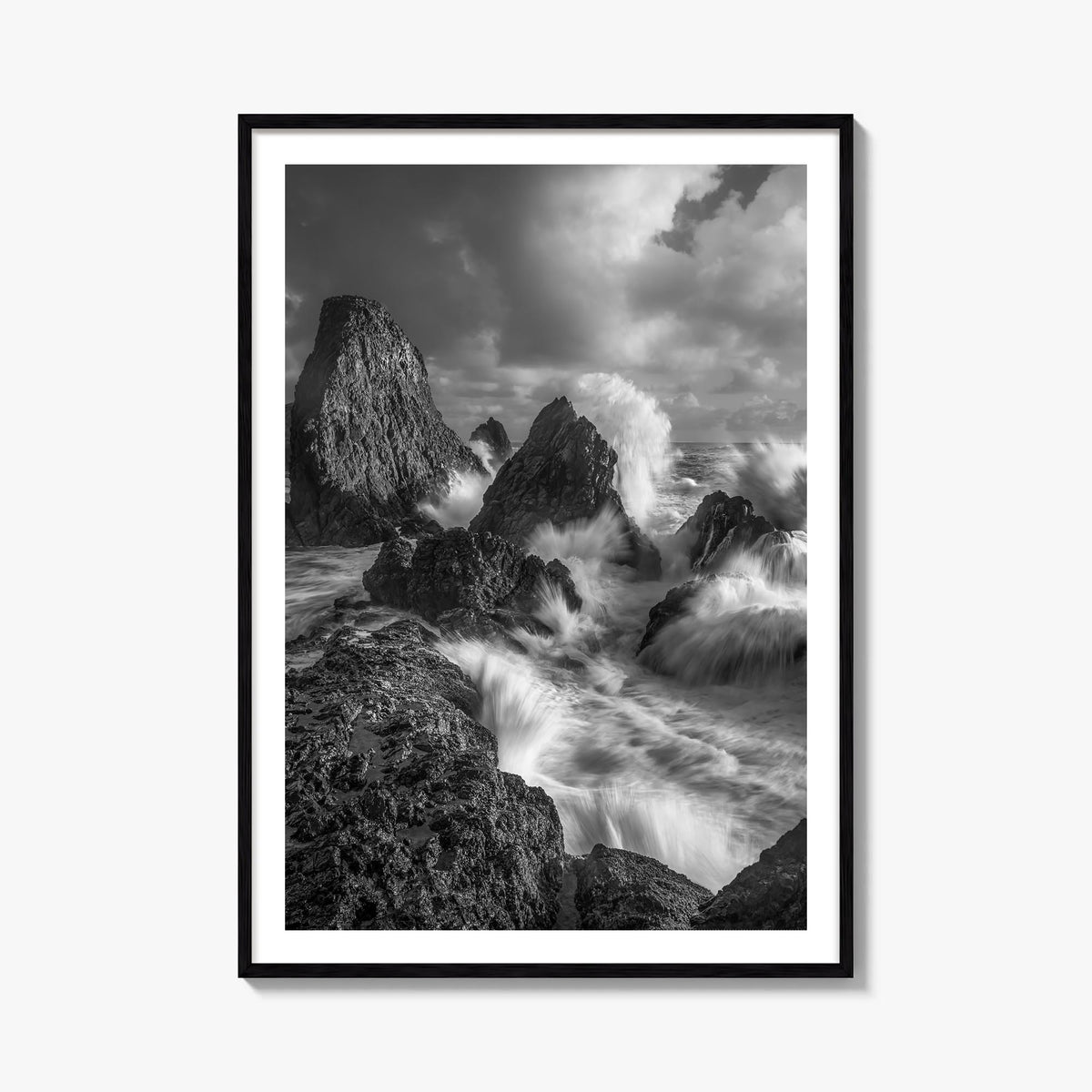 Waves Crashing no. 2 black & white photo poster – vertical wall art, unframed print shown in interior mockup