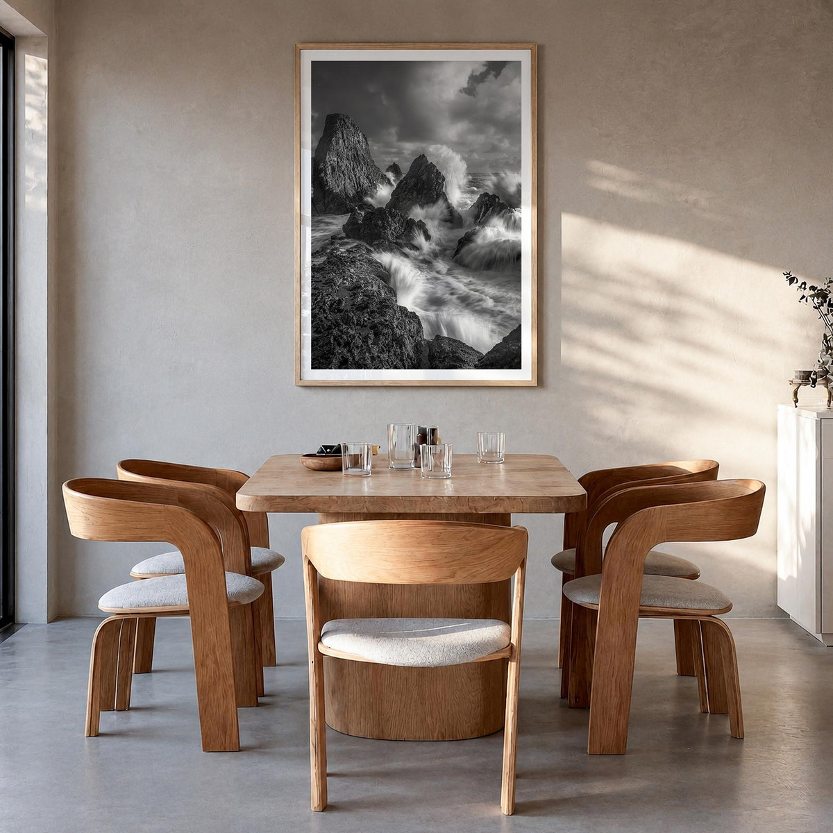 Waves Crashing no. 2 black & white photo poster – vertical wall art in natural wood frame with white border, hanging on wall