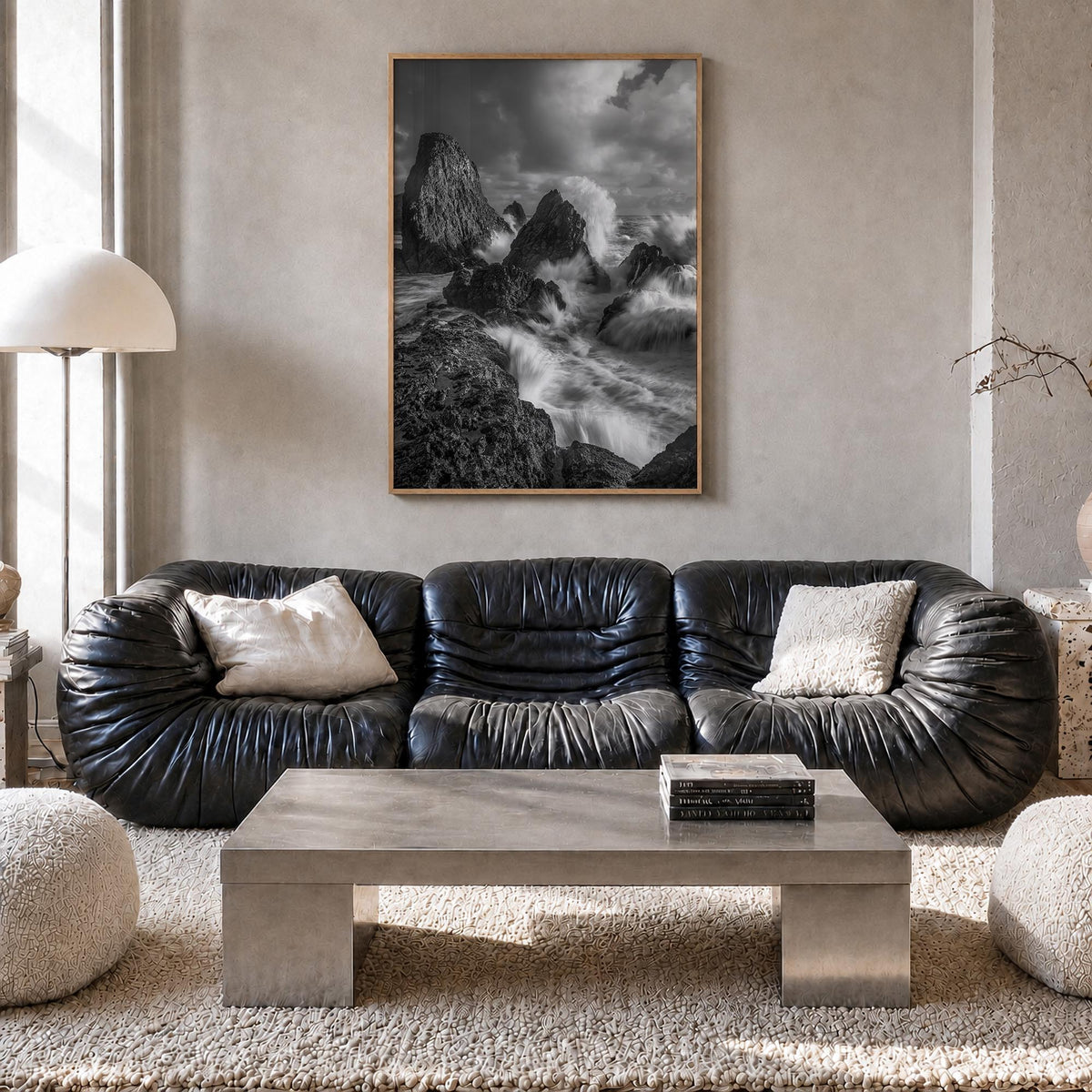 Waves Crashing no. 2 black & white photo poster – vertical wall art in natural wood frame, hanging on wall