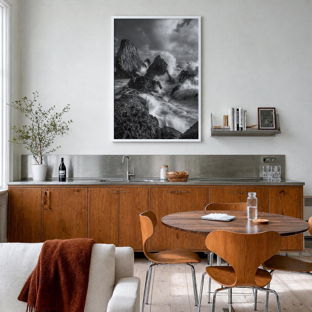 Waves Crashing no. 2 black & white photo poster – vertical wall art in white wood frame, hanging on wall