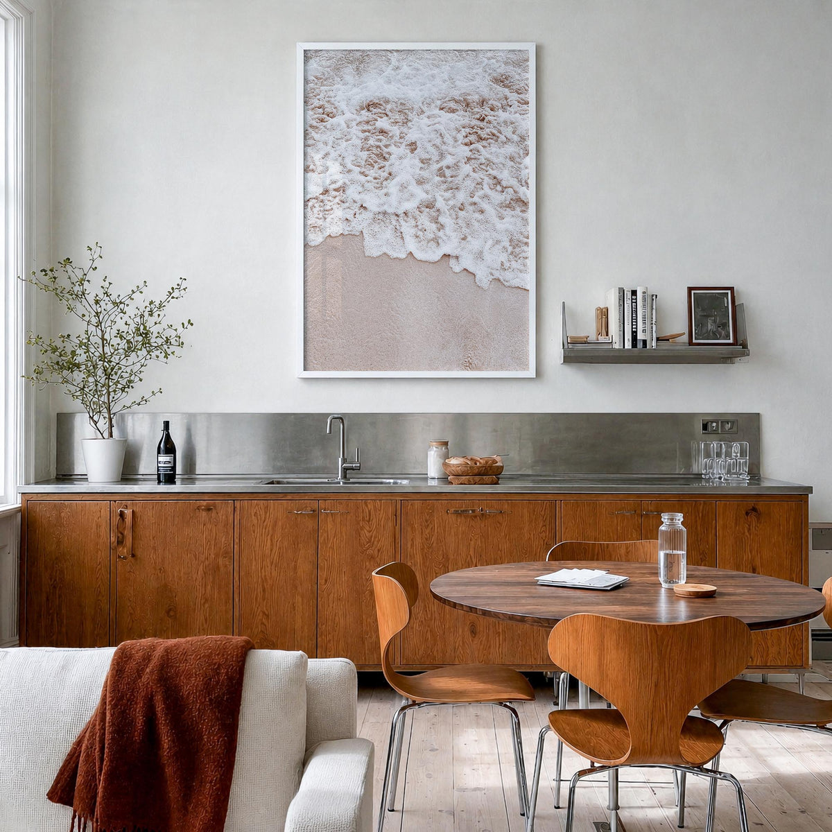 Waves Crashing no. 2 colorful photo poster – vertical wall art in white wood frame, hanging on wall
