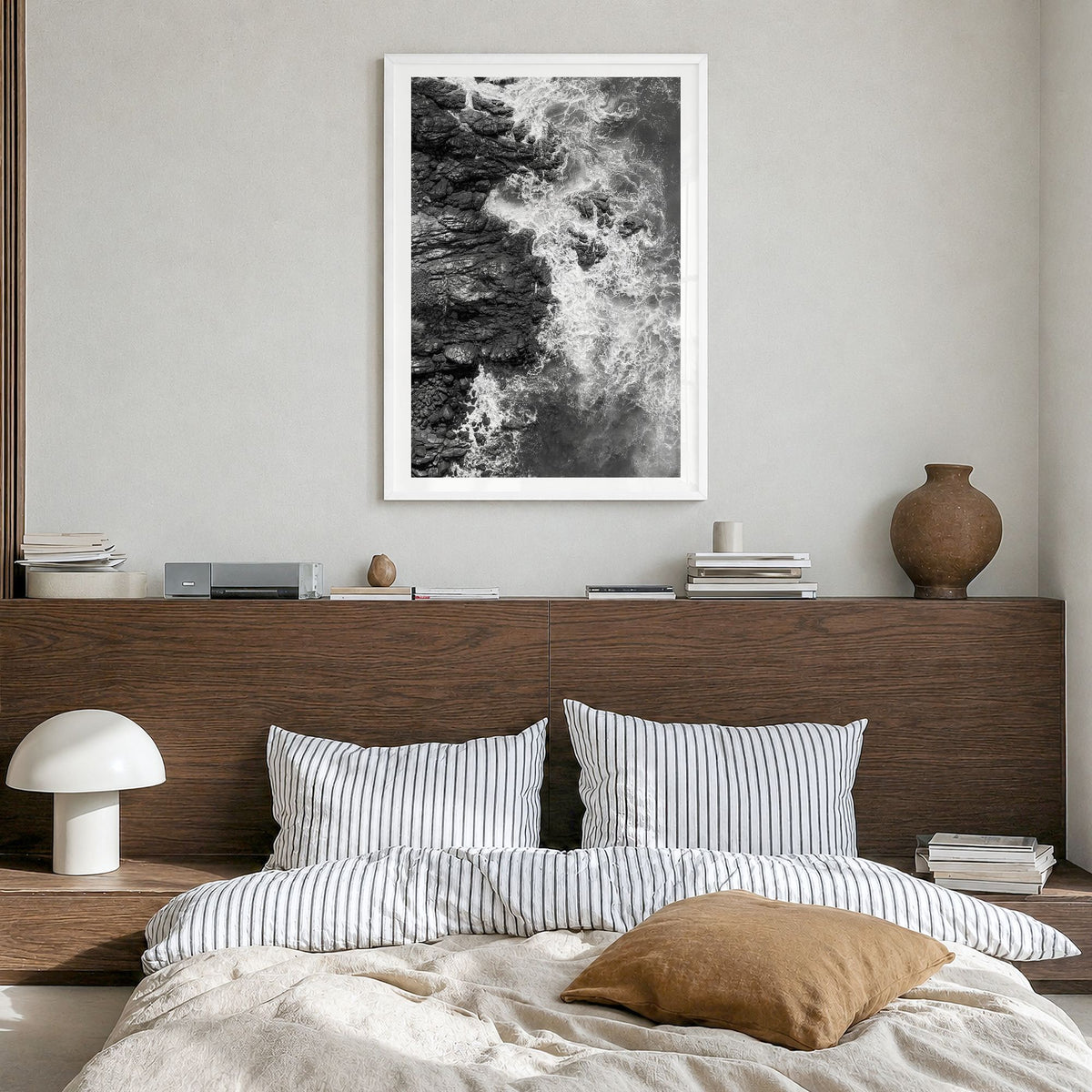 Waves Crashing Photo No 1 Poster in a white wood frame, hanging in a bedroom, white border