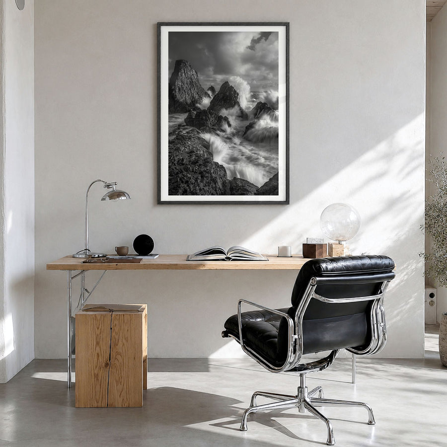 Waves Crashing Photo No 2 Poster in a black wood frame, hanging in a bright home office, white border