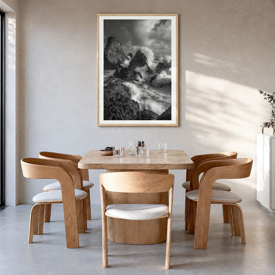 Waves Crashing Photo No 2 Poster in a natural wood frame, hanging in a dining room, white border