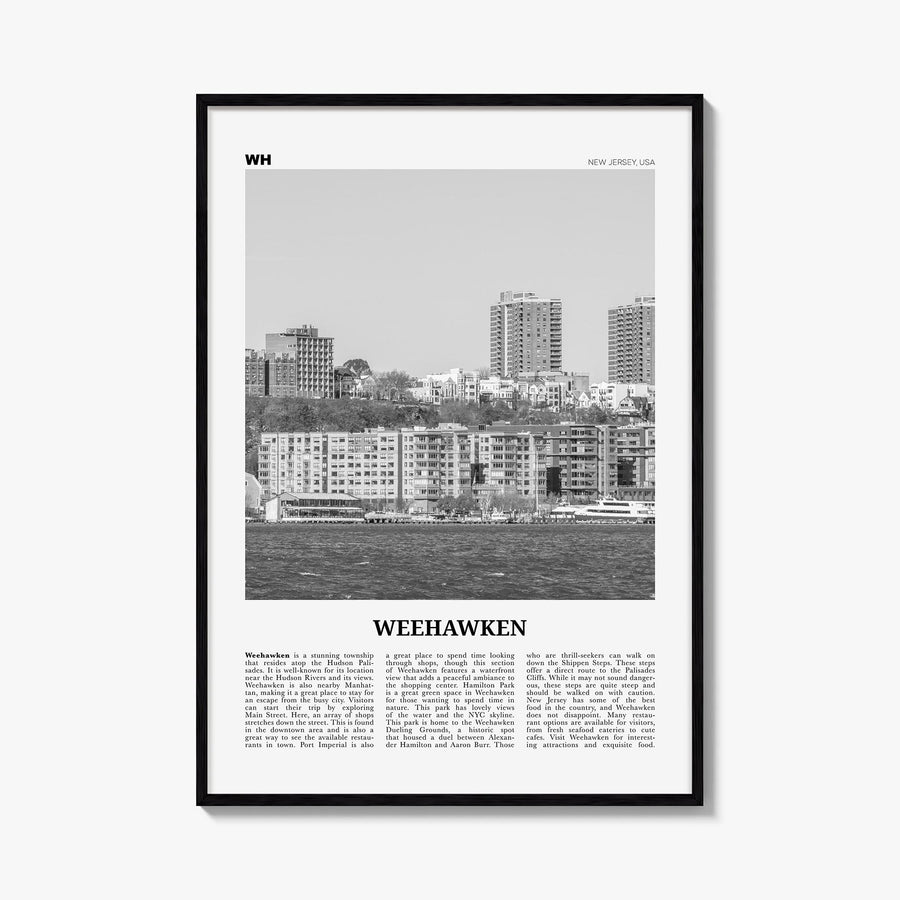Weehawken black & white newspaper poster of New Jersey, USA – vertical wall art, unframed print shown in interior mockup
