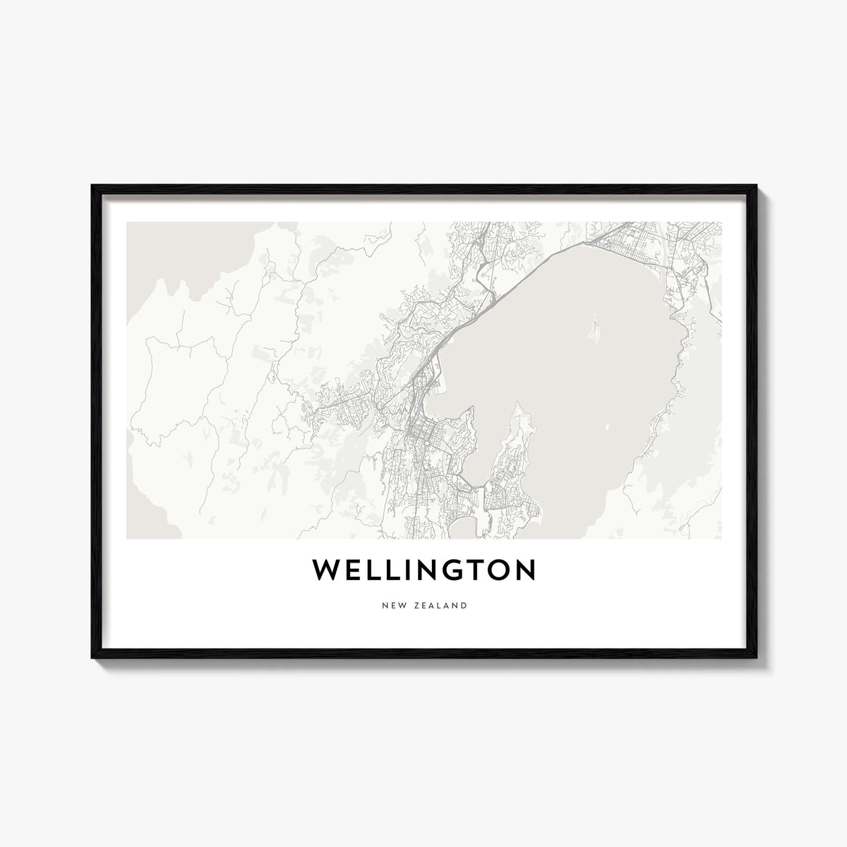Wellington black & white map poster of New Zealand – horizontal wall art, unframed print shown in interior mockup