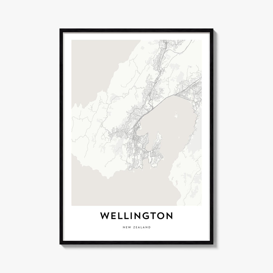 Wellington black & white map poster of New Zealand – vertical wall art, unframed print shown in interior mockup
