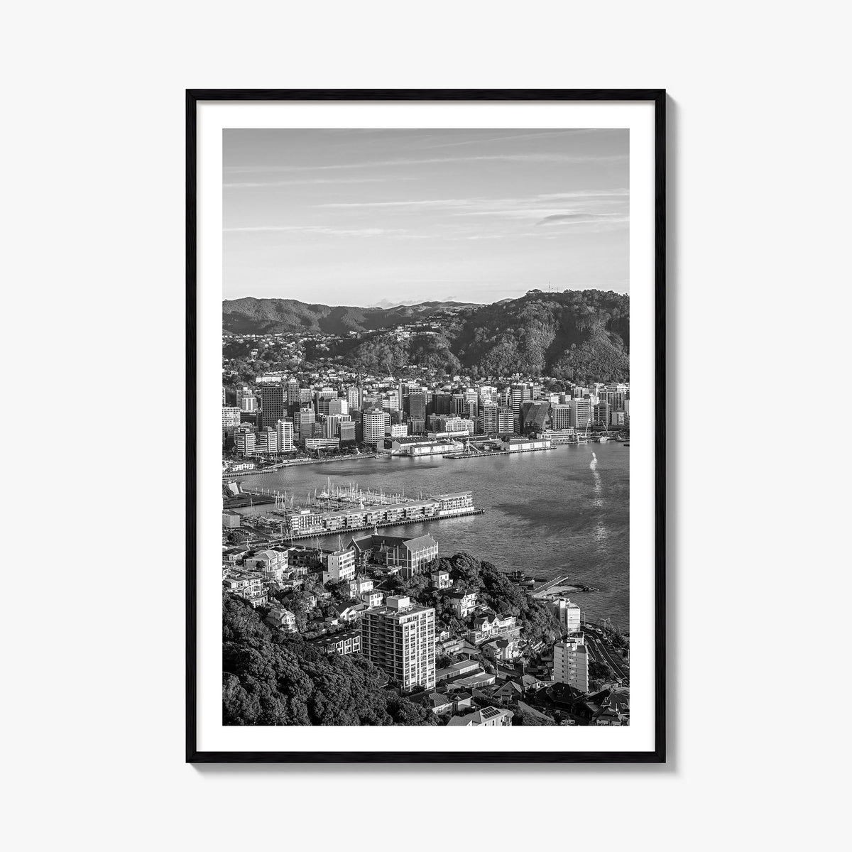 Wellington black & white photo poster of New Zealand – vertical wall art, unframed print shown in interior mockup