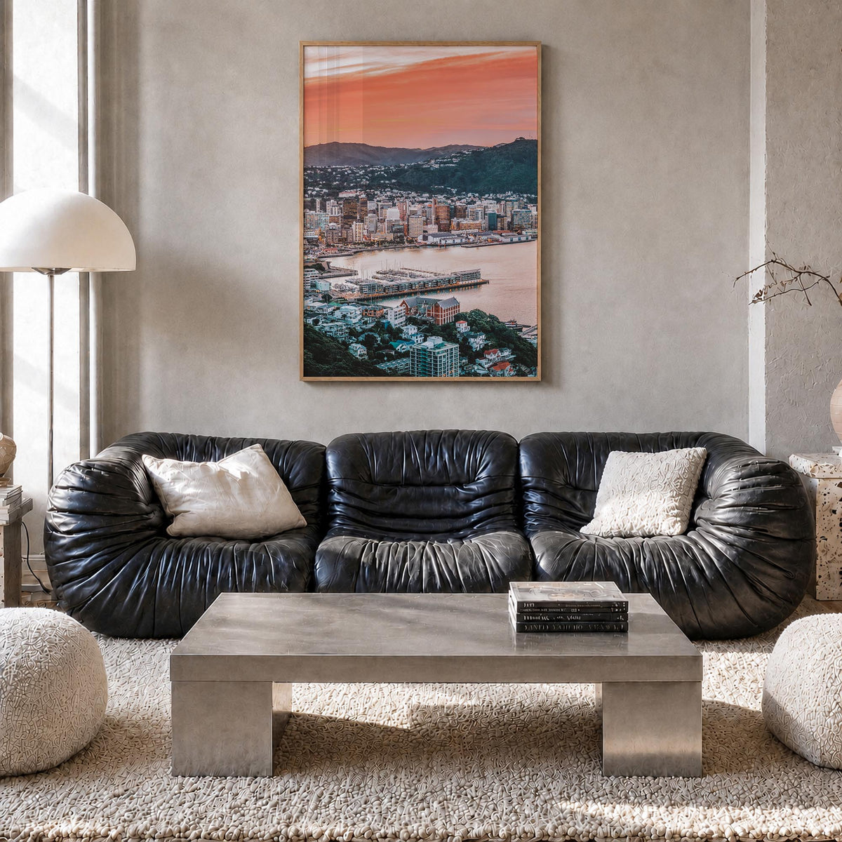 Wellington colorful photo poster of New Zealand – vertical wall art in natural wood frame, hanging on wall