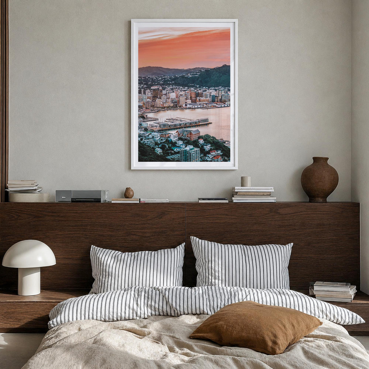 Wellington colorful photo poster of New Zealand – vertical wall art in white wood frame with white border, hanging on wall
