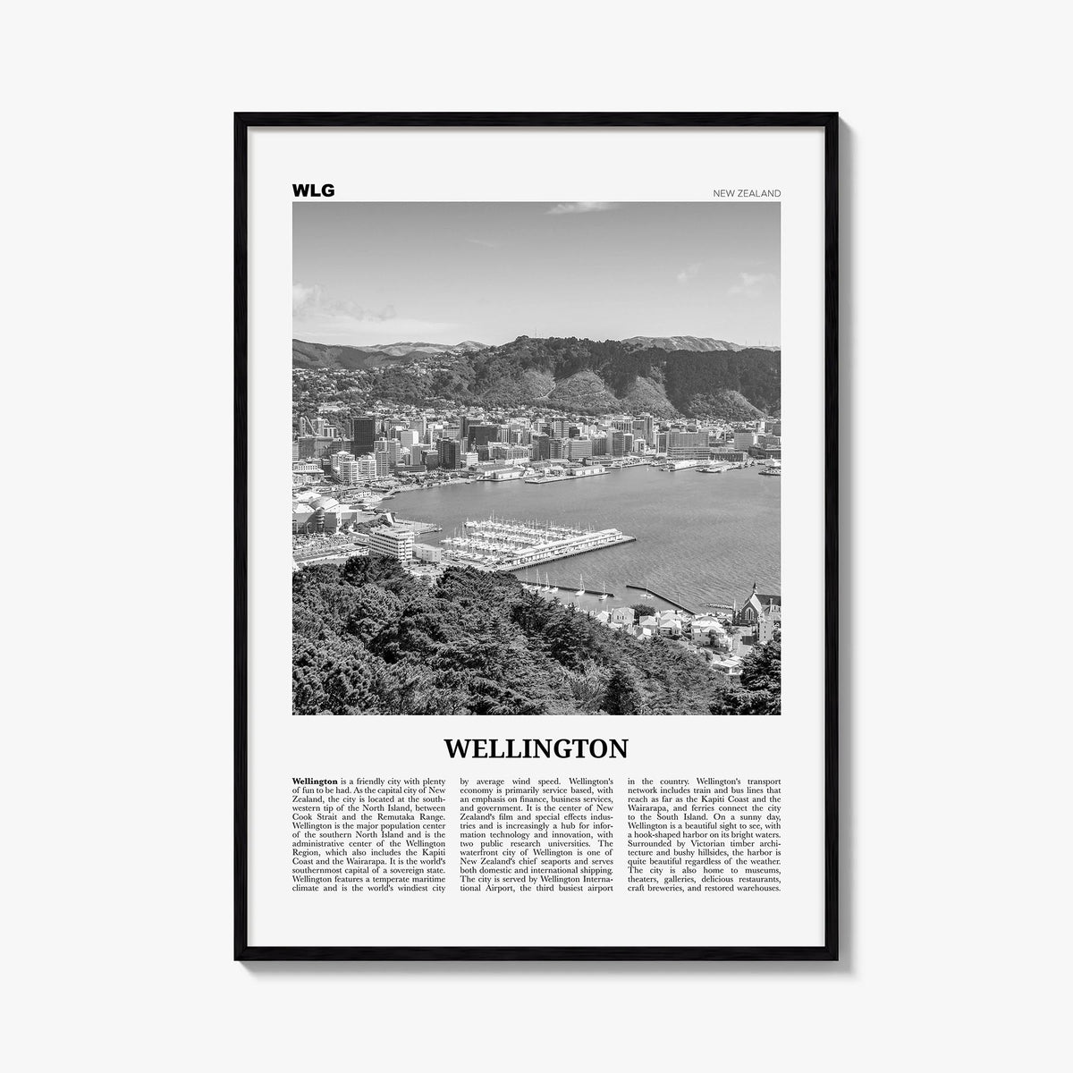 Wellington no. 1 black & white newspaper poster of New Zealand – vertical wall art, unframed print shown in interior mockup