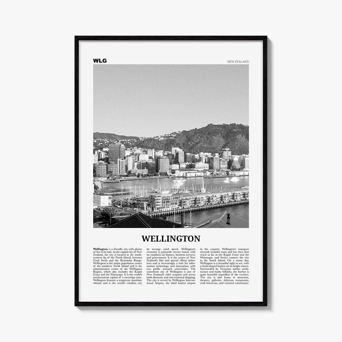 Wellington no. 2 black & white newspaper poster of New Zealand – vertical wall art, unframed print shown in interior mockup