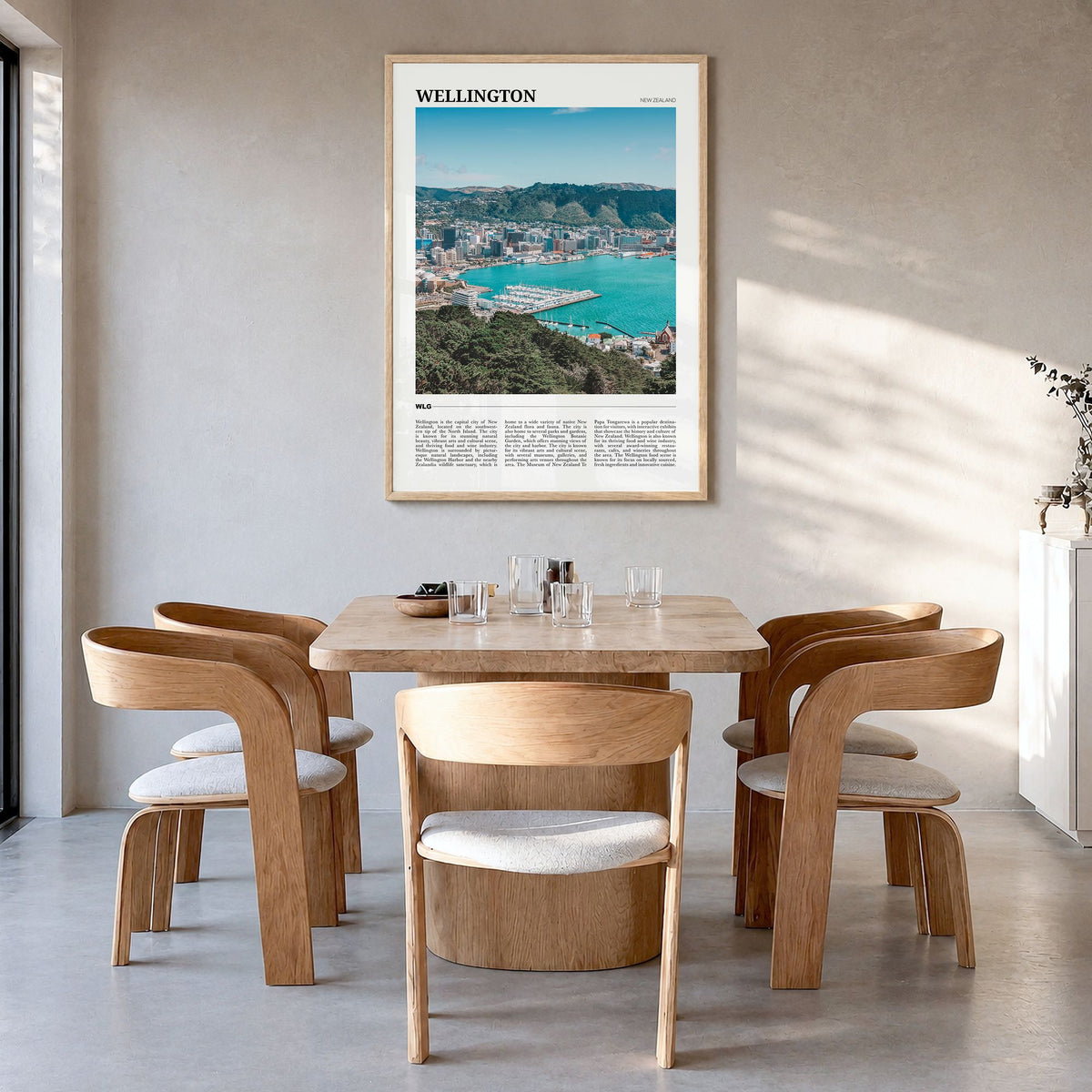 Wellington Travel Poster in a natural wood frame, hanging in a dining room