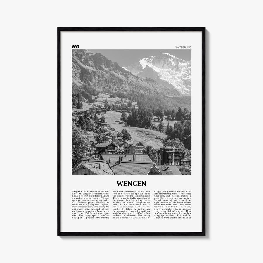 Wengen black & white newspaper poster of Switzerland – vertical wall art, unframed print shown in interior mockup