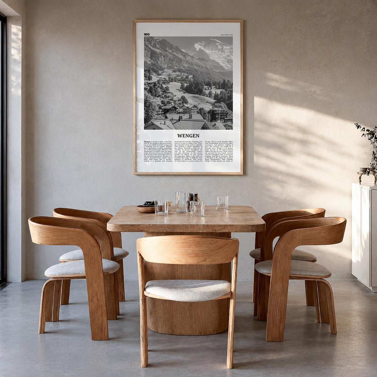 Wengen black & white newspaper poster of Switzerland – vertical wall art in natural wood frame, hanging on wall