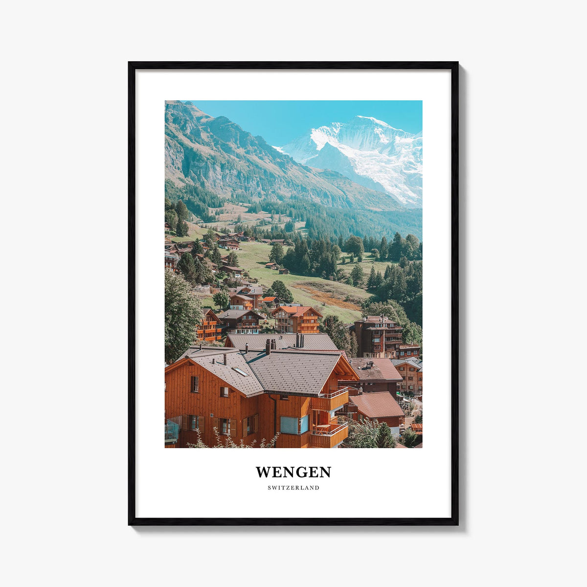 Wengen colorful classic poster of Switzerland – vertical wall art, unframed print shown in interior mockup
