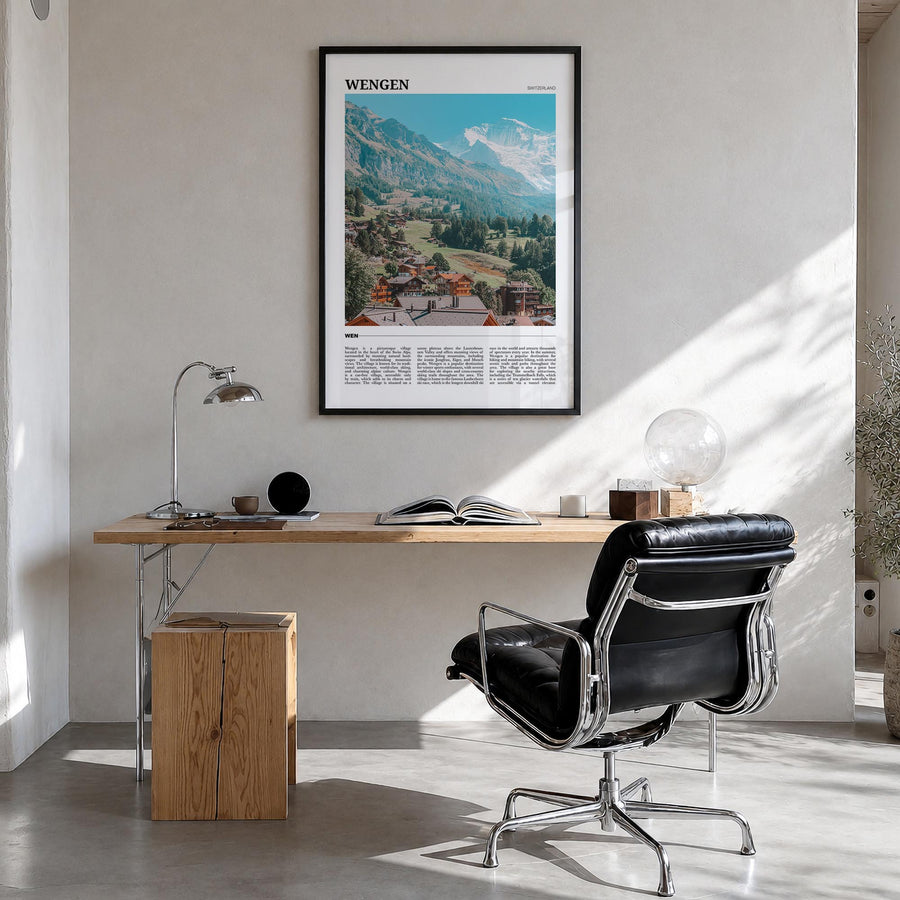 Wengen colorful travel poster of Switzerland – vertical wall art in black wood frame, hanging on wall