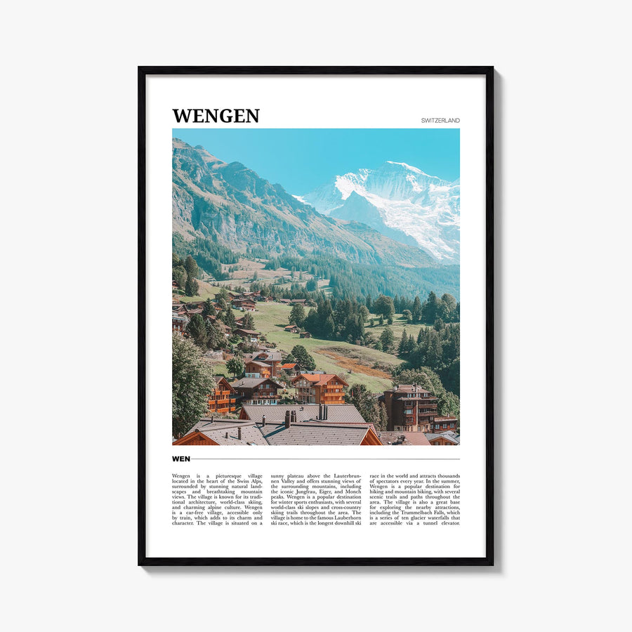 Wengen colorful travel poster of Switzerland – vertical wall art, unframed print shown in interior mockup