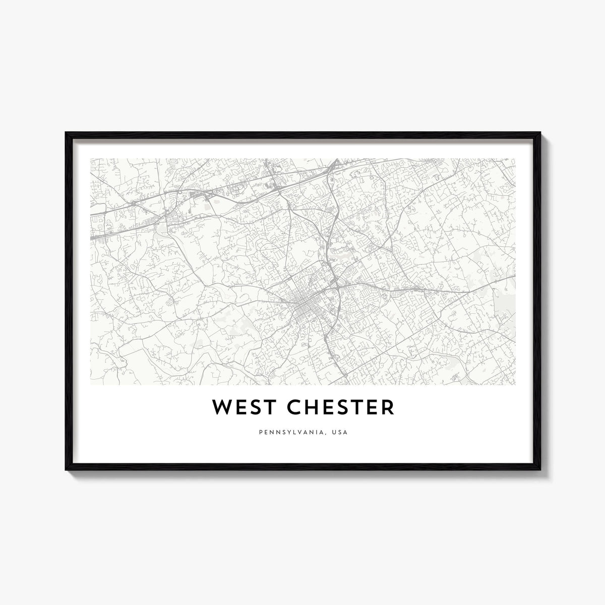 West Chester black & white map poster of Pennsylvania, USA – horizontal wall art, unframed print shown in interior mockup