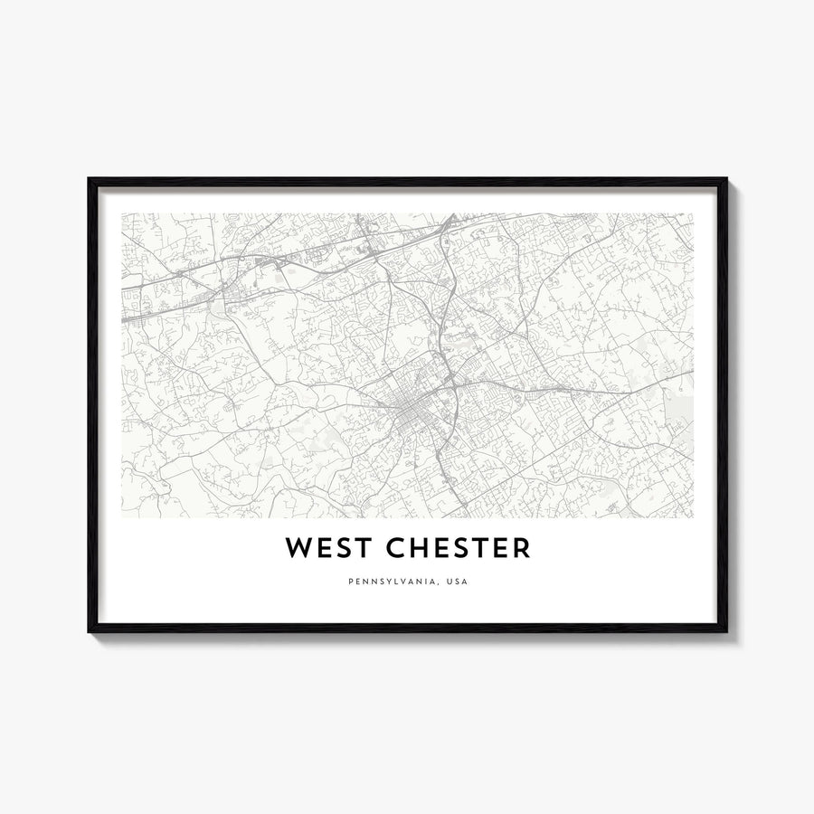 West Chester black & white map poster of Pennsylvania, USA – horizontal wall art, unframed print shown in interior mockup