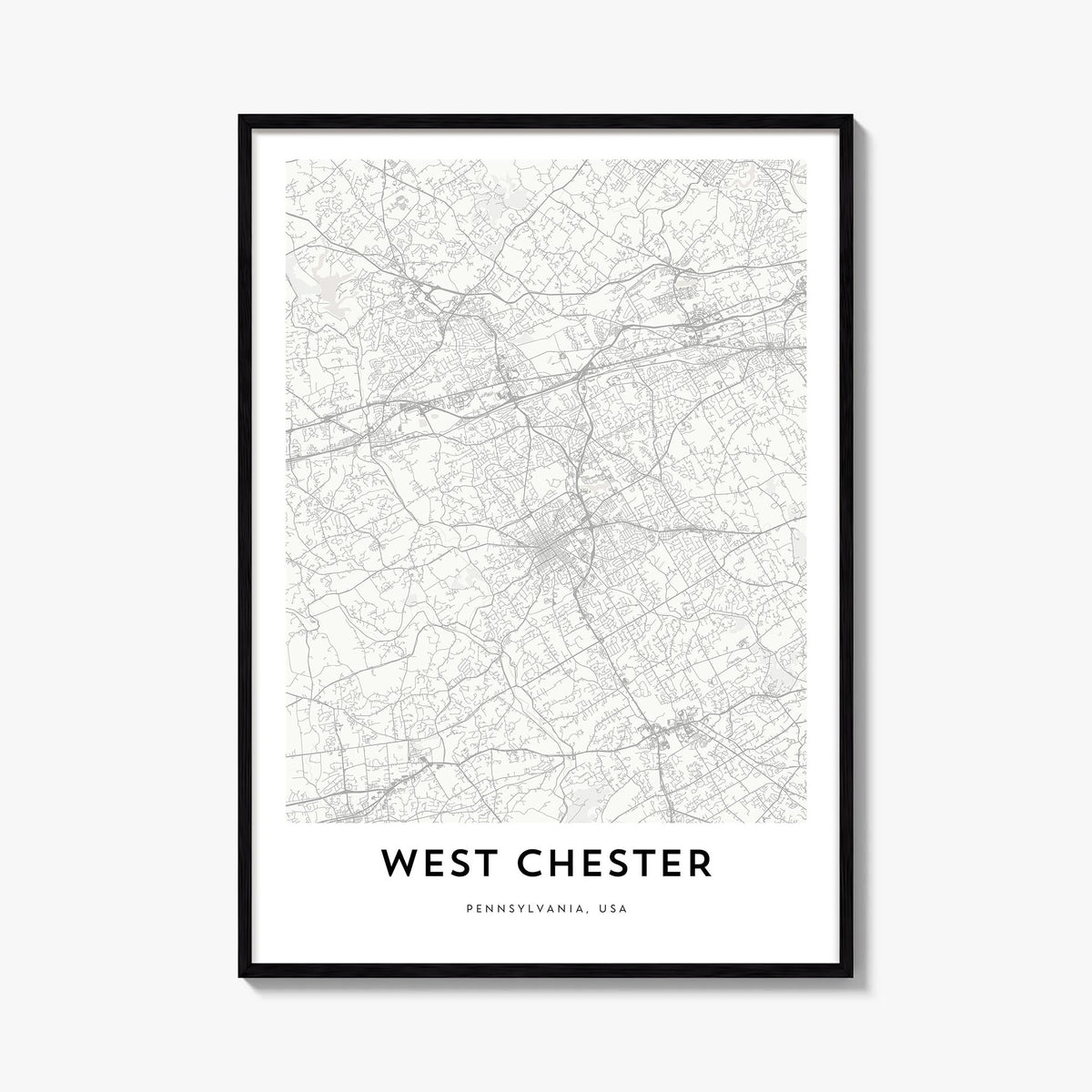 West Chester black & white map poster of Pennsylvania, USA – vertical wall art, unframed print shown in interior mockup